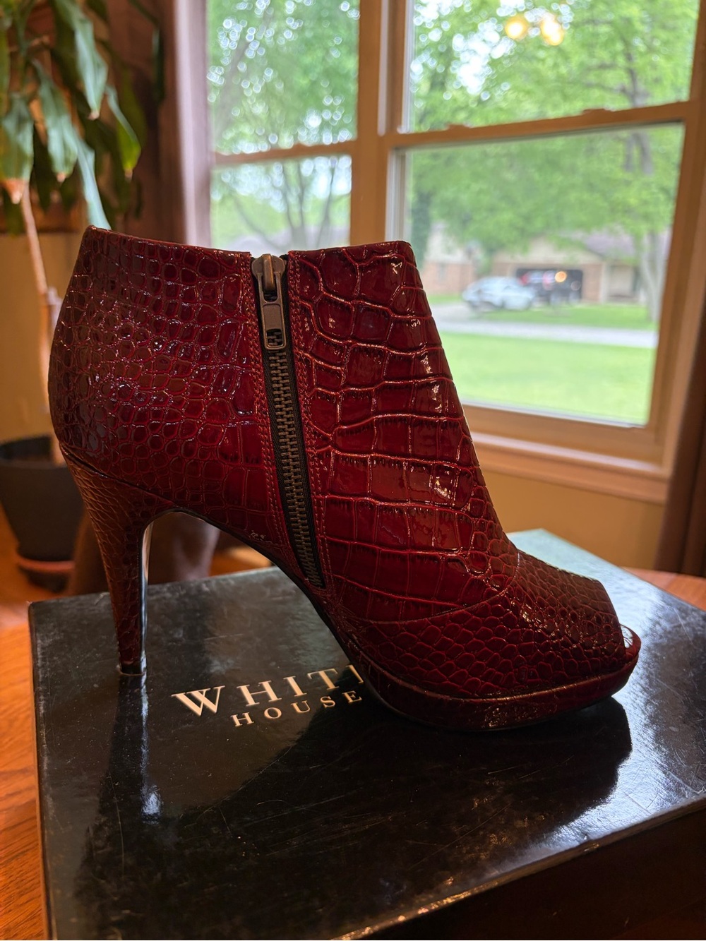 White House Black Market Burgundy Croc-Embossed Peep-Toe Booties - Picture 6 of 7